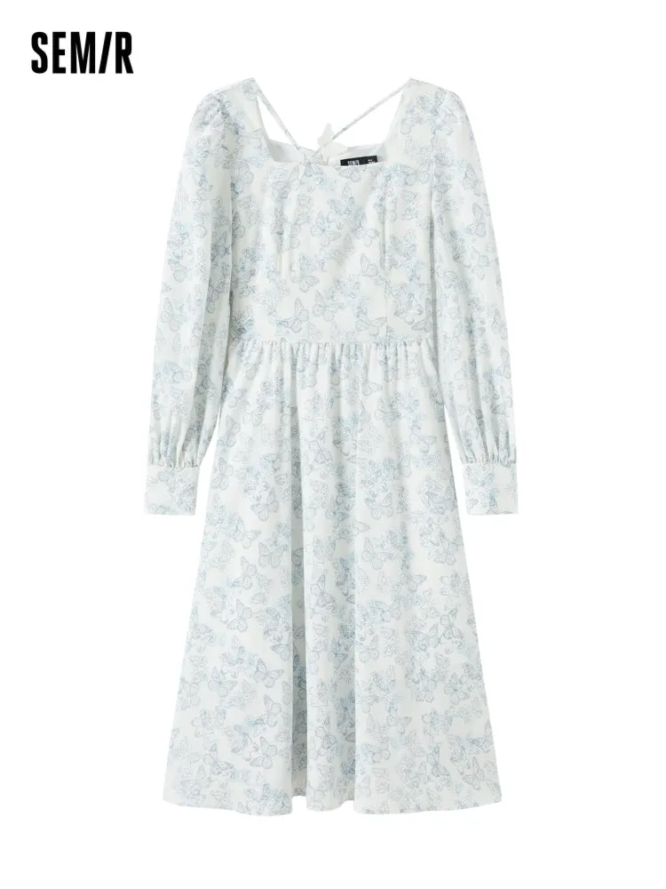 Women's Floral Butterfly Print Fitted Woven Dress