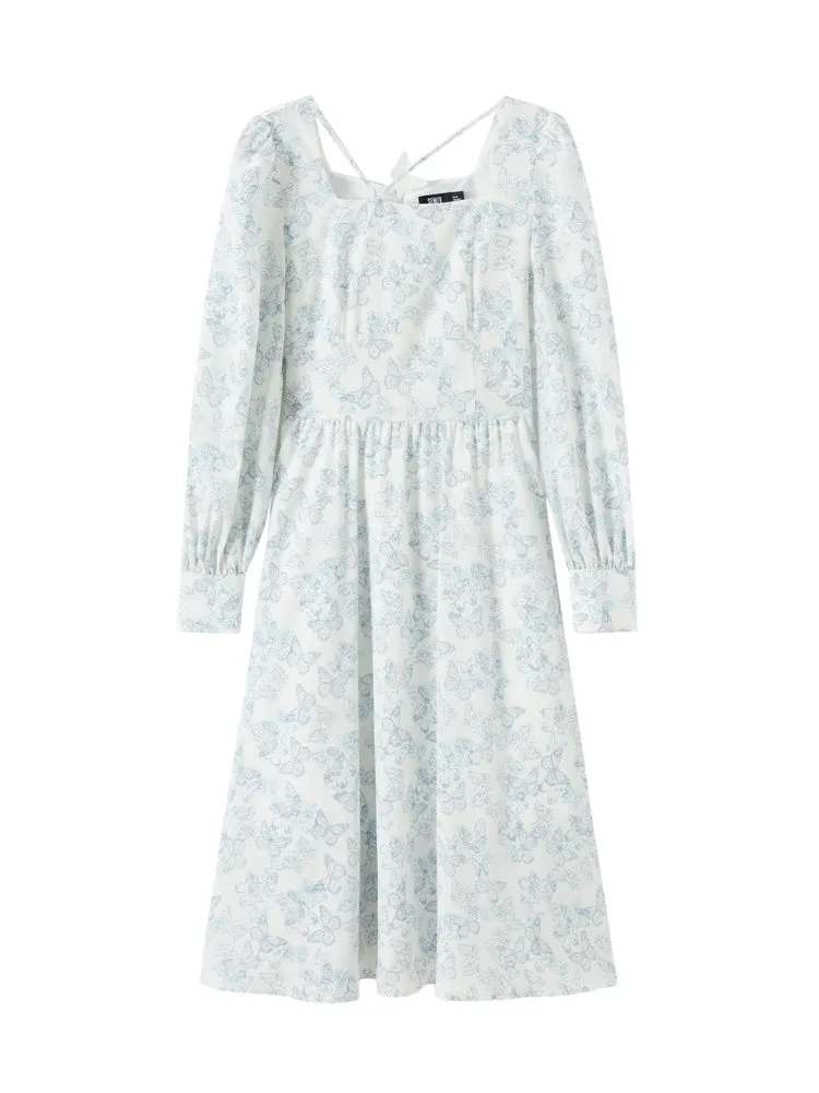 Women's Floral Butterfly Print Fitted Woven Dress