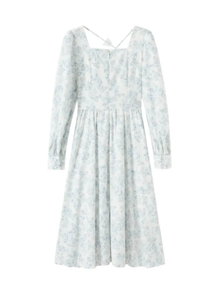 Women's Floral Butterfly Print Fitted Woven Dress