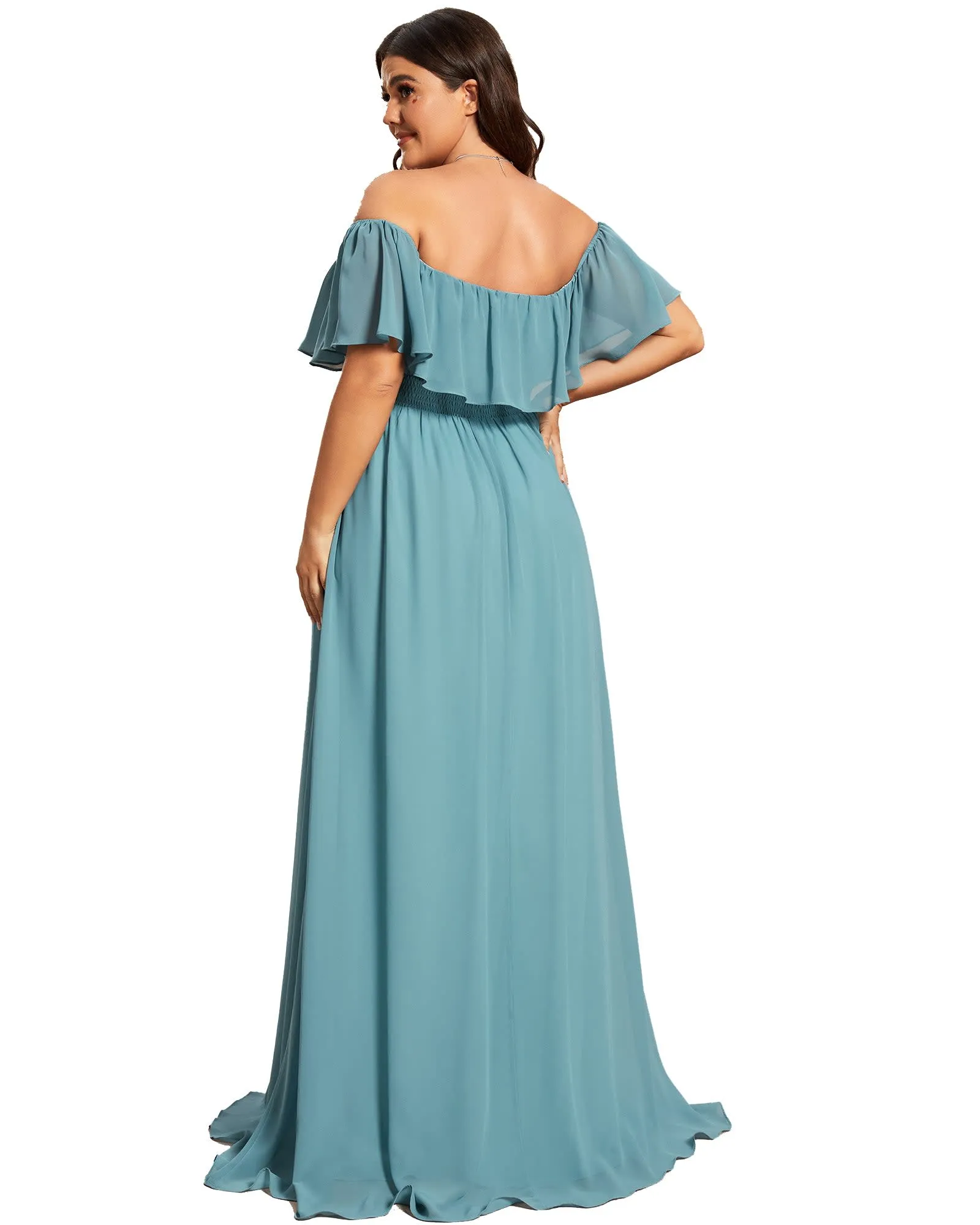 Women's Off Shoulder Ruffle Thigh Slit Bridesmaid Dresses | Dusty Blue