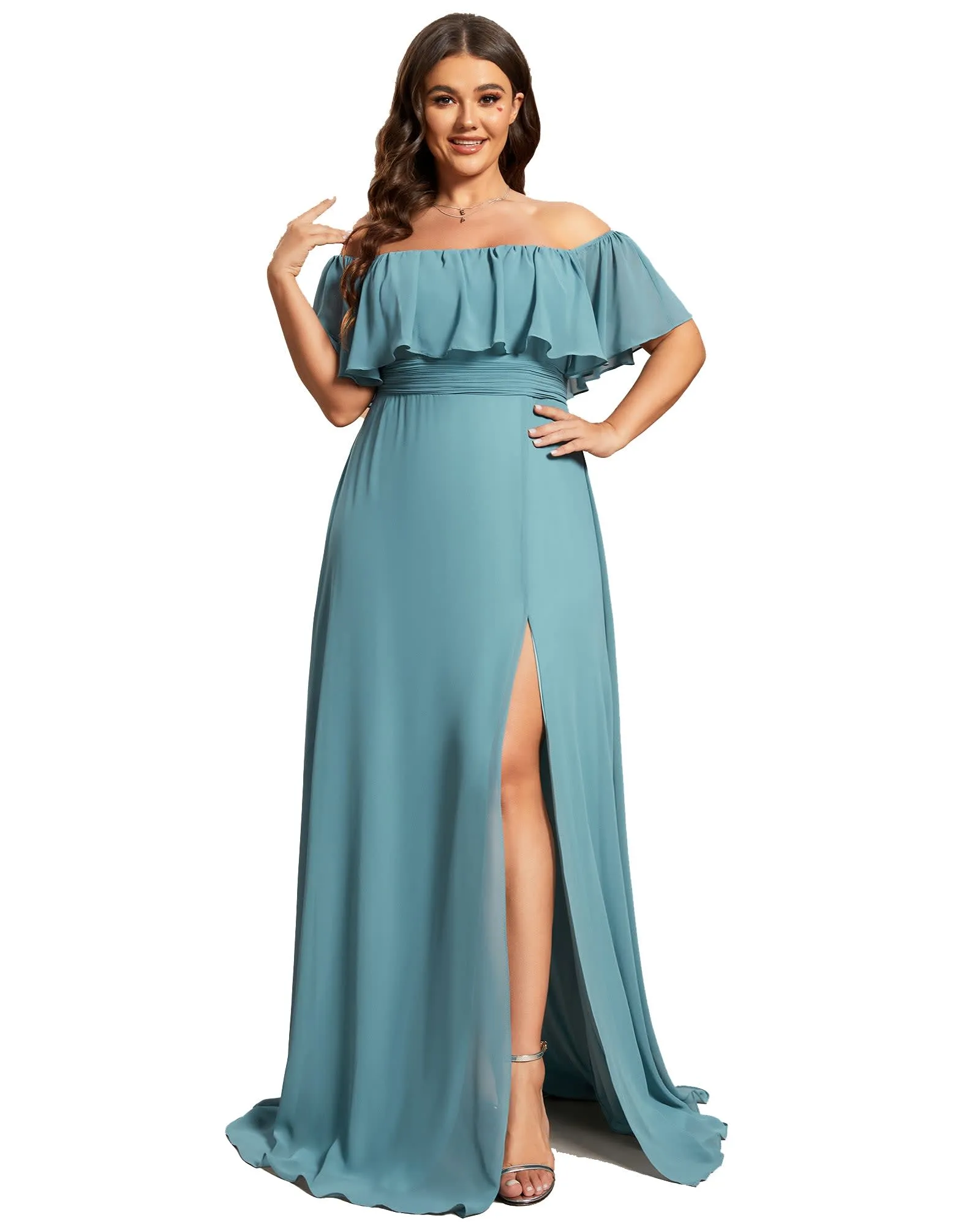 Women's Off Shoulder Ruffle Thigh Slit Bridesmaid Dresses | Dusty Blue