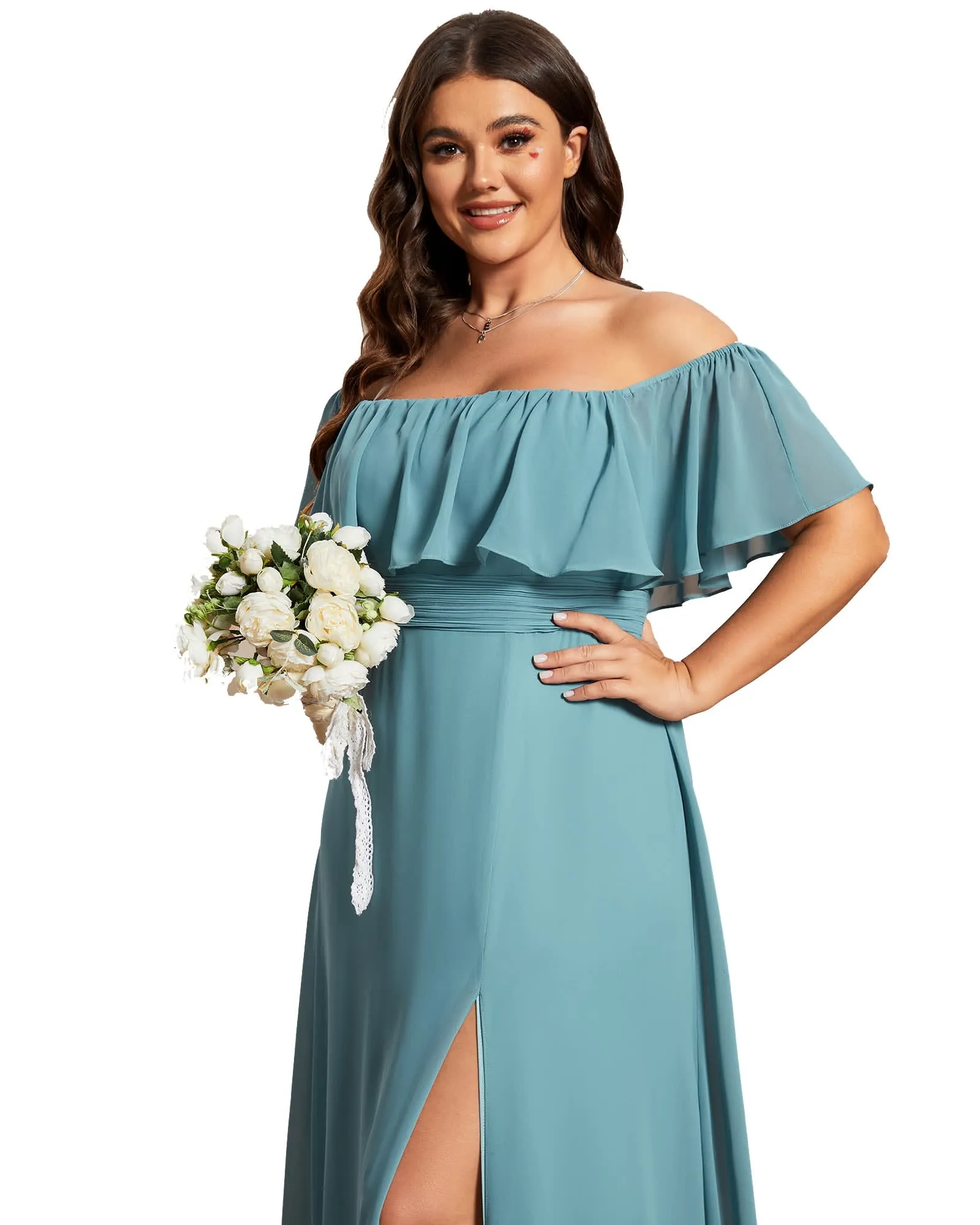 Women's Off Shoulder Ruffle Thigh Slit Bridesmaid Dresses | Dusty Blue