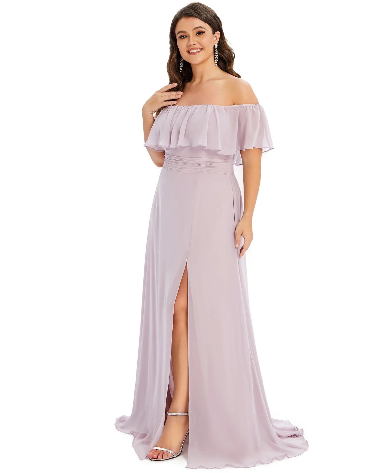 Women's Off Shoulder Ruffle Thigh Slit Bridesmaid Dresses | Lilac