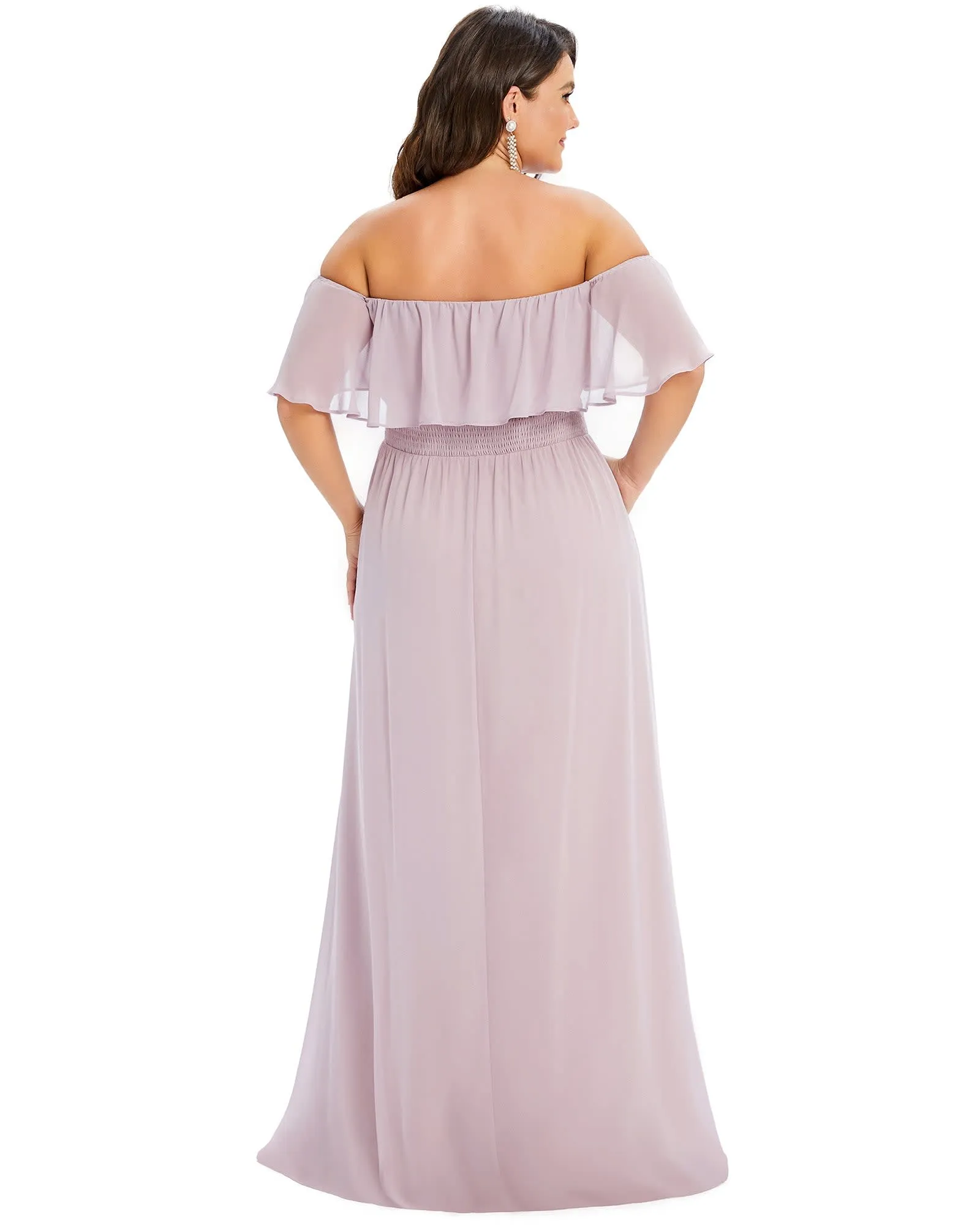 Women's Off Shoulder Ruffle Thigh Slit Bridesmaid Dresses | Lilac