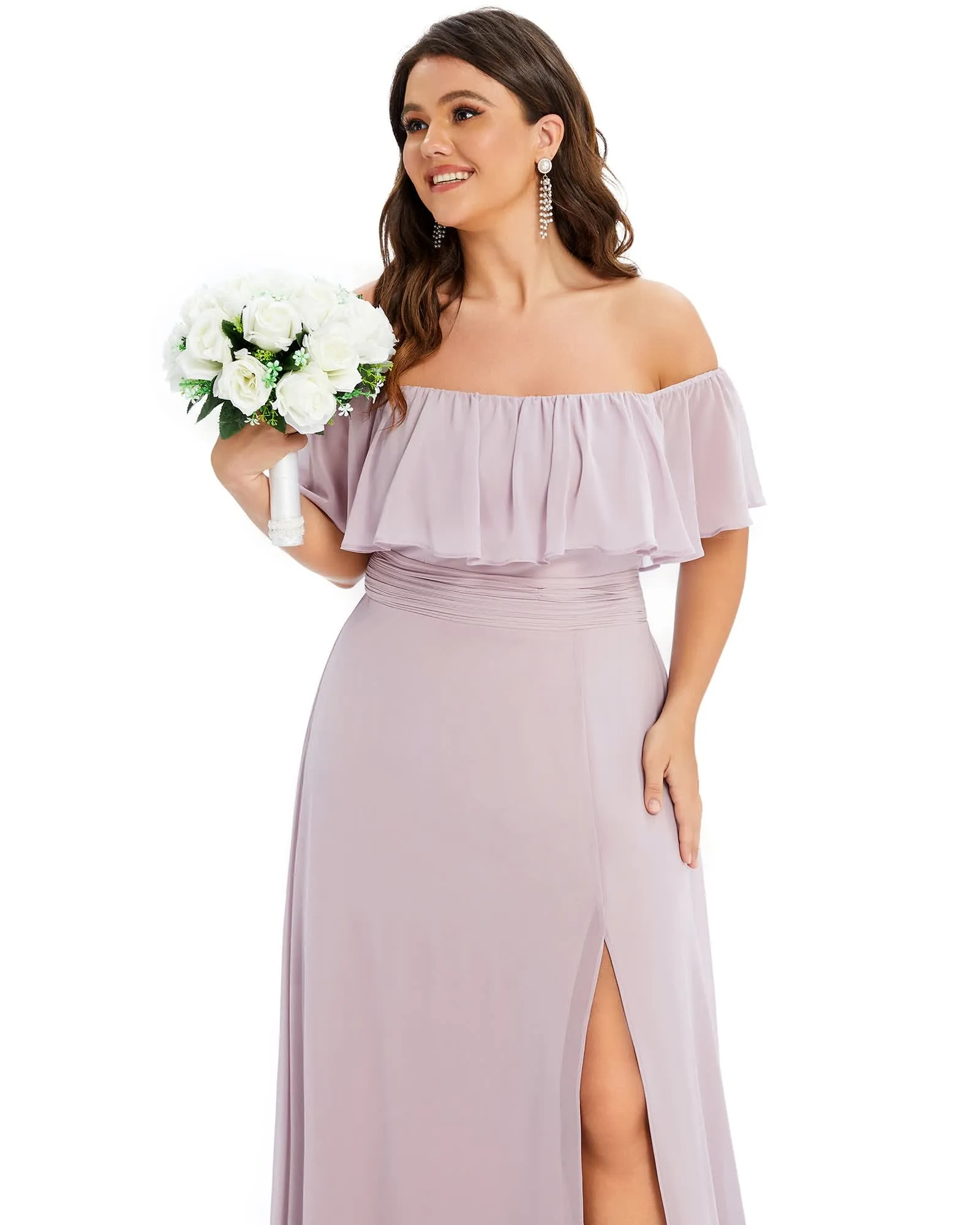Women's Off Shoulder Ruffle Thigh Slit Bridesmaid Dresses | Lilac