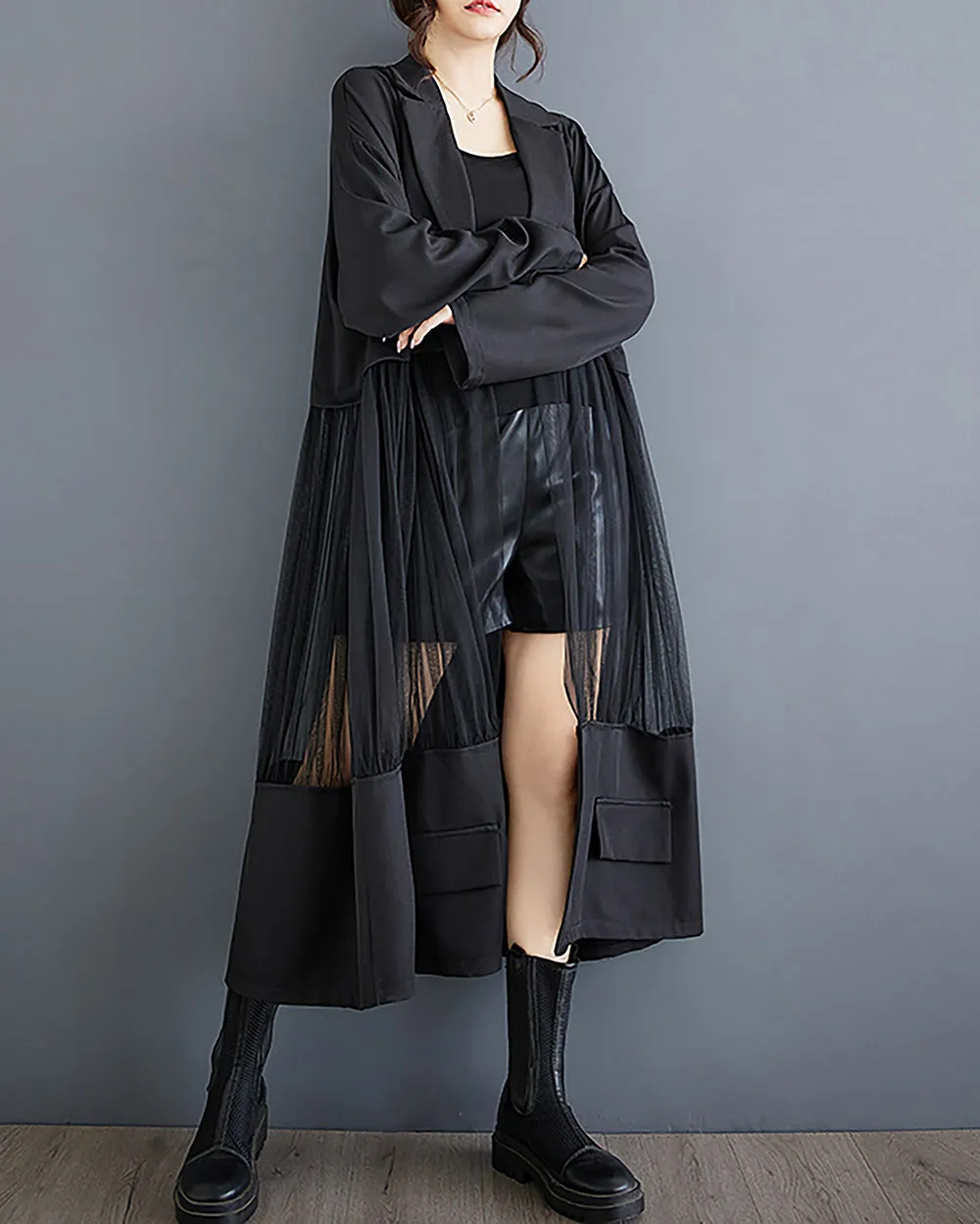 Women's Shirt Dress Long Sleeve Buttoned Tulle See Through Solid Patchwork Loose GZ304