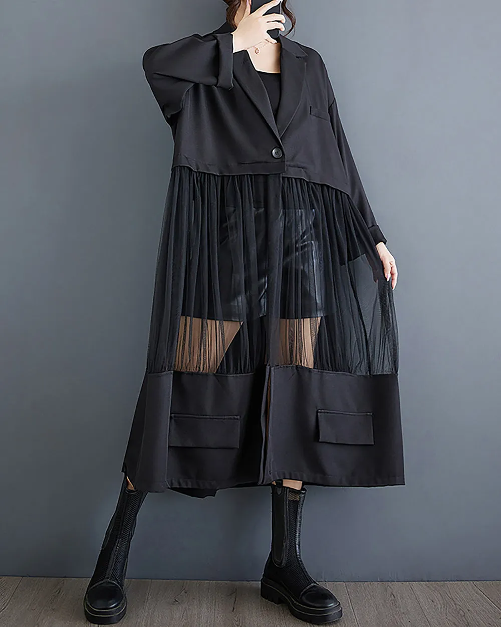 Women's Shirt Dress Long Sleeve Buttoned Tulle See Through Solid Patchwork Loose GZ304