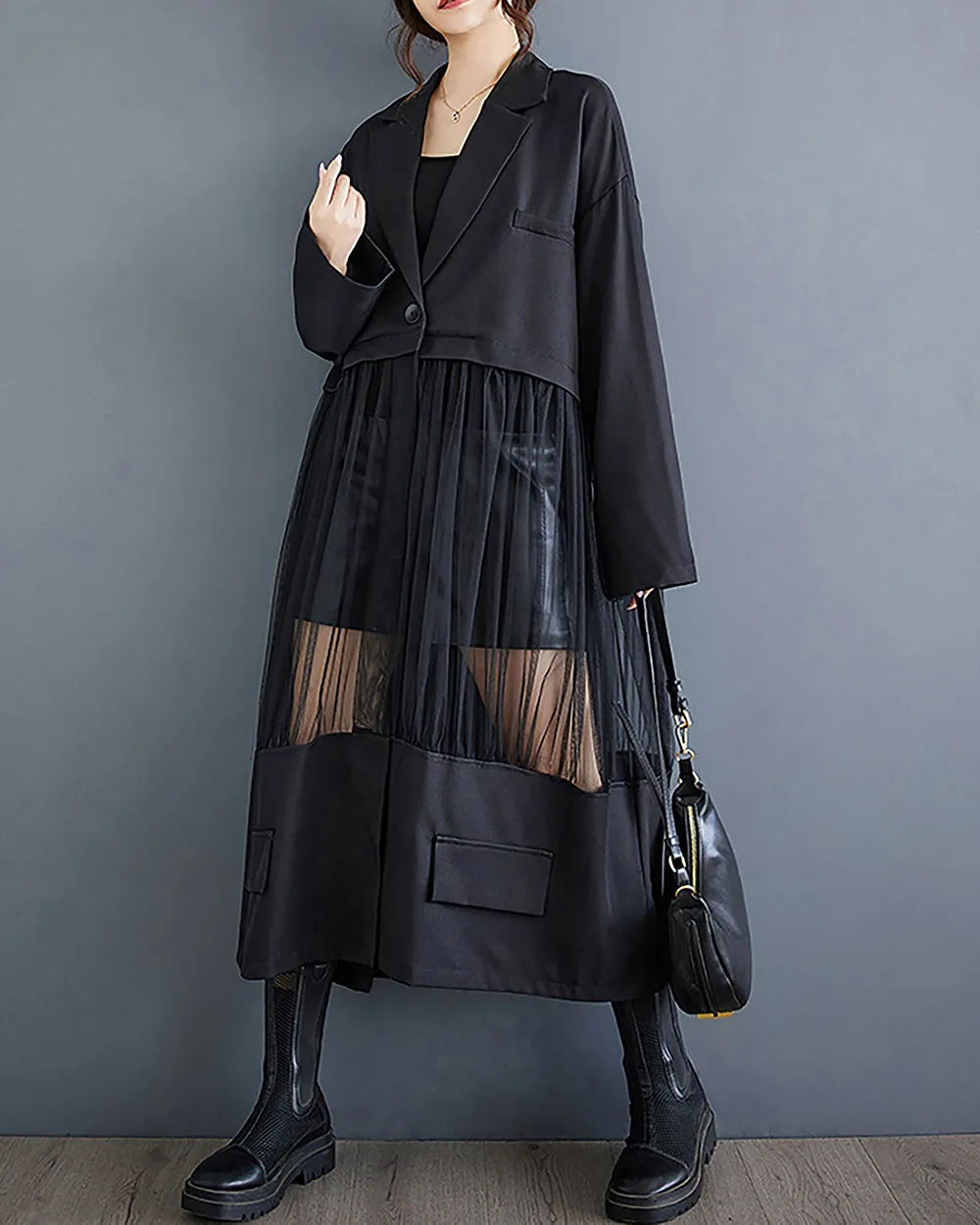 Women's Shirt Dress Long Sleeve Buttoned Tulle See Through Solid Patchwork Loose GZ304