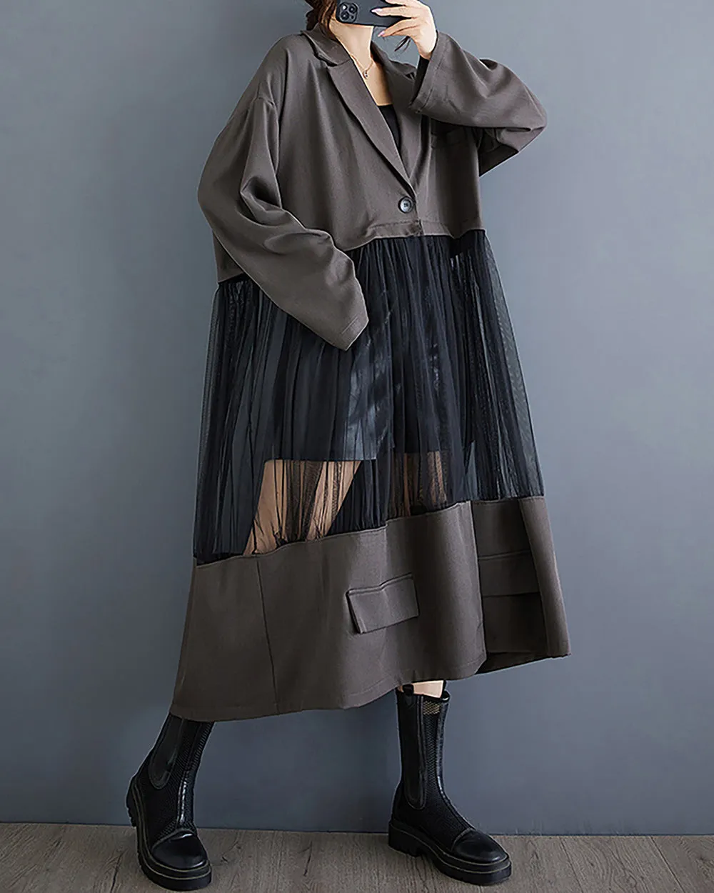 Women's Shirt Dress Long Sleeve Buttoned Tulle See Through Solid Patchwork Loose GZ304