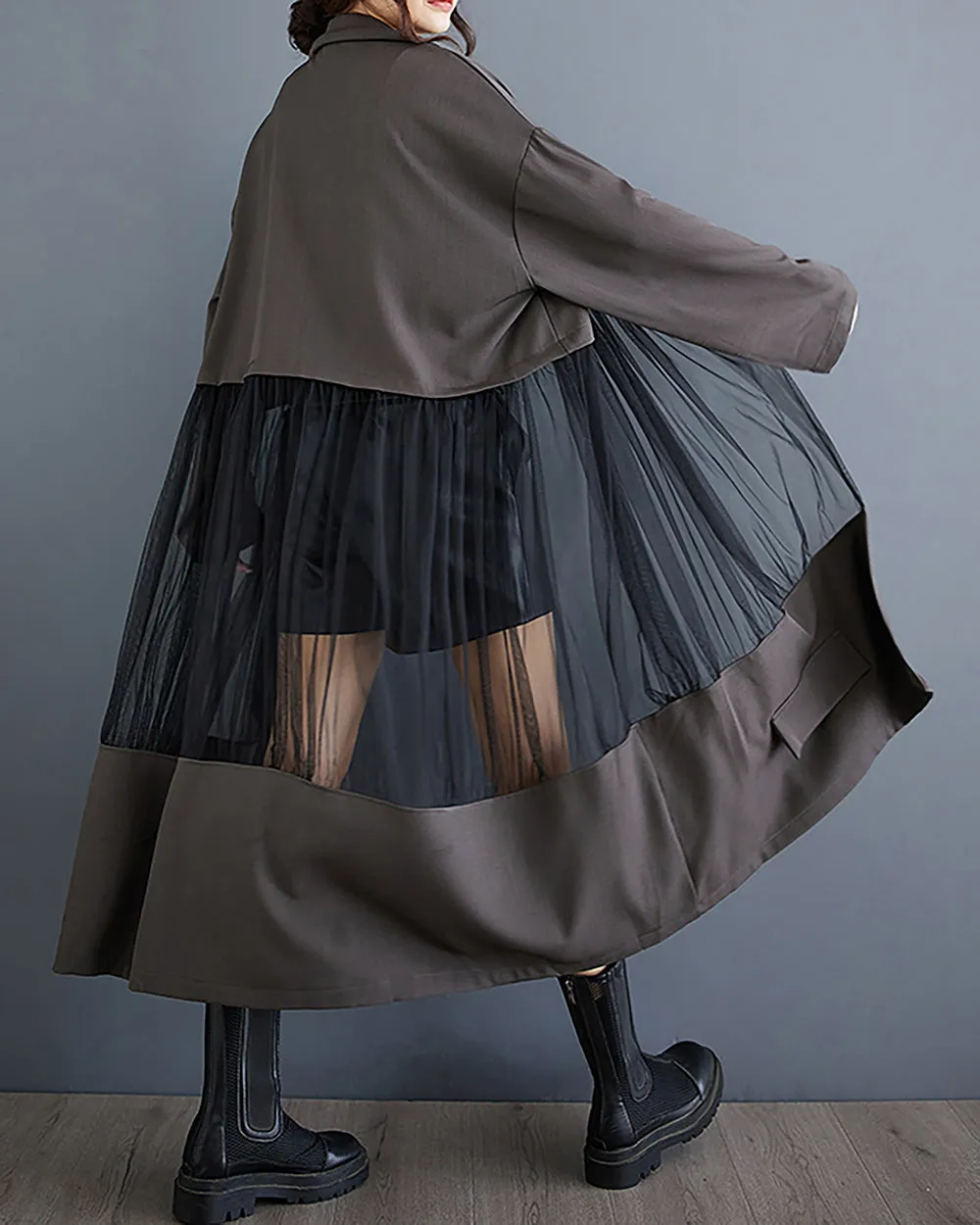 Women's Shirt Dress Long Sleeve Buttoned Tulle See Through Solid Patchwork Loose GZ304