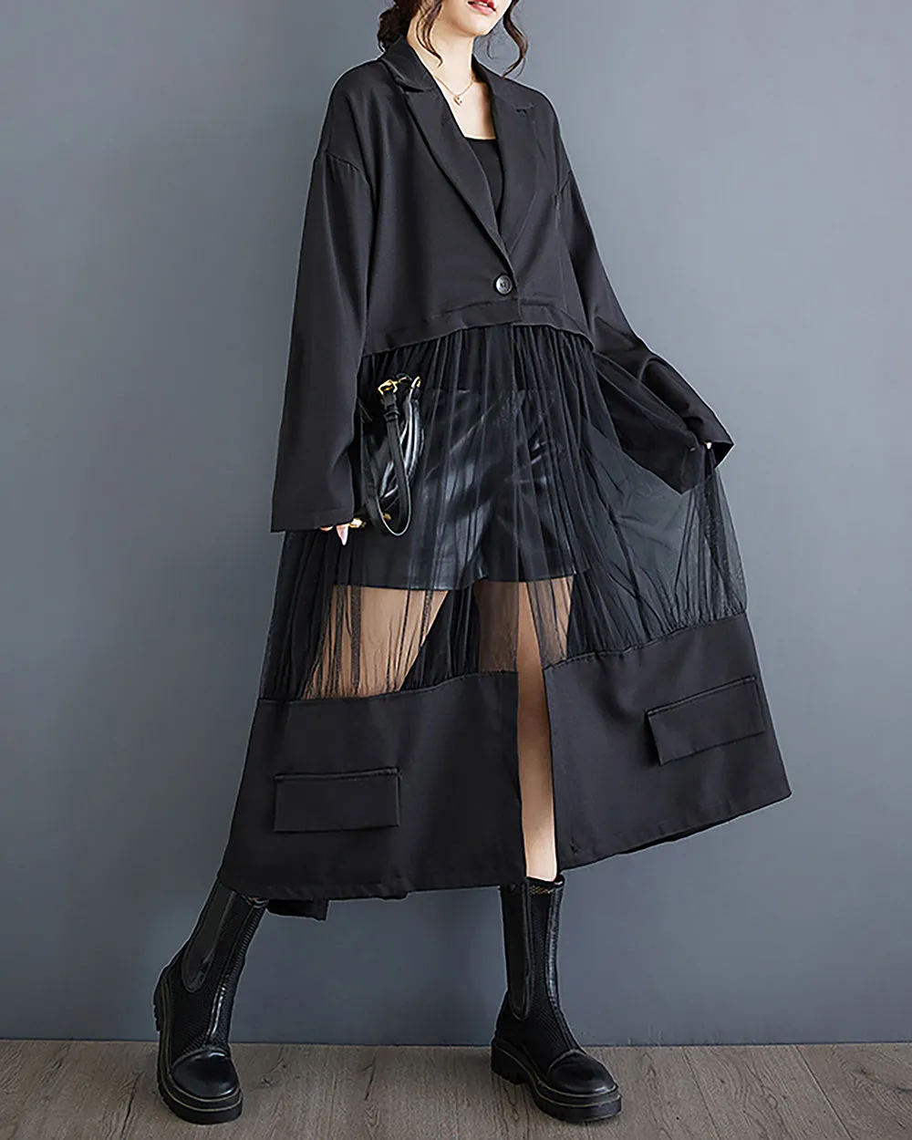 Women's Shirt Dress Long Sleeve Buttoned Tulle See Through Solid Patchwork Loose GZ304