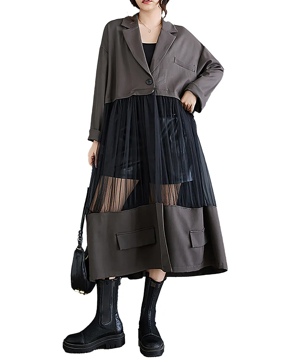 Women's Shirt Dress Long Sleeve Buttoned Tulle See Through Solid Patchwork Loose GZ304