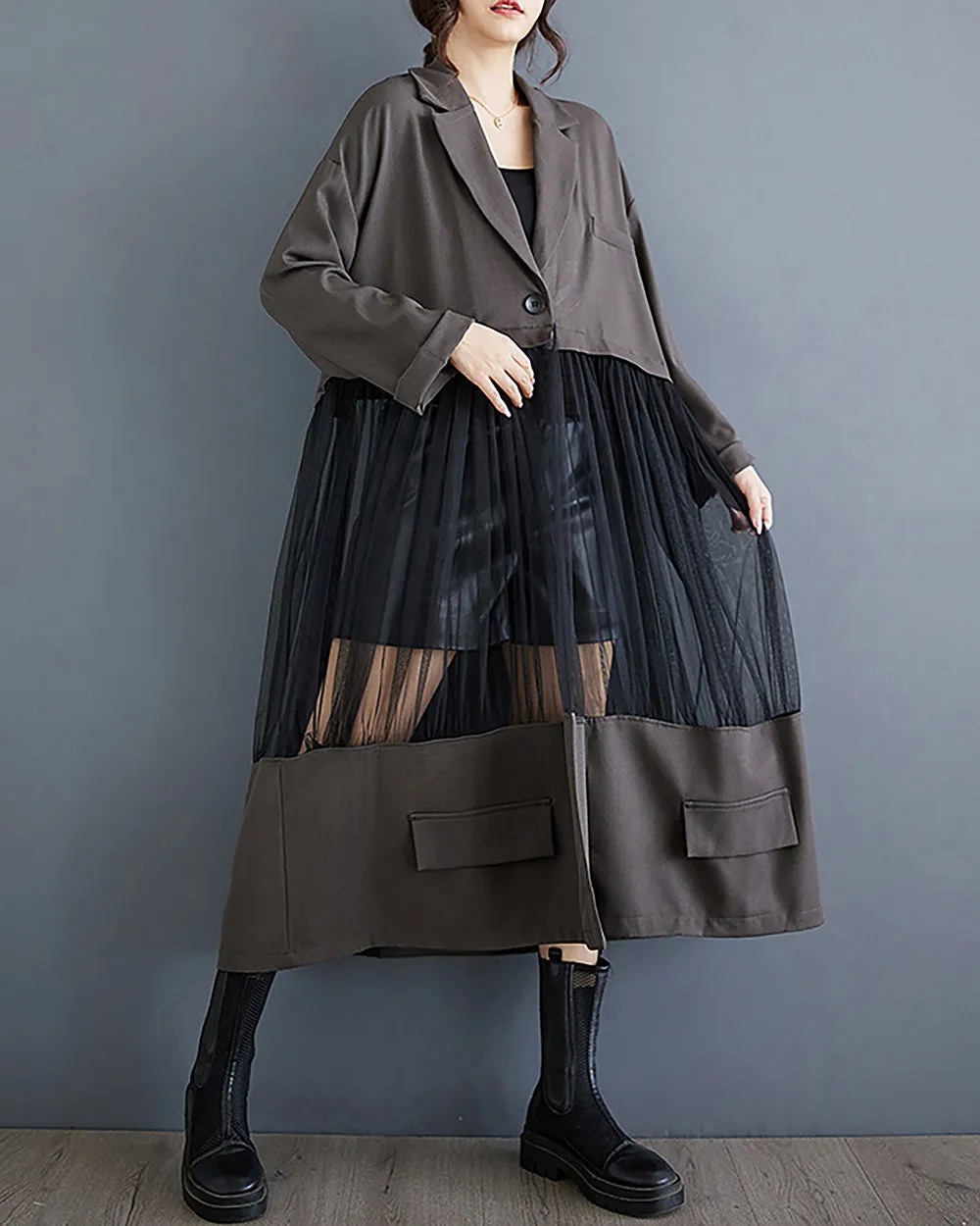 Women's Shirt Dress Long Sleeve Buttoned Tulle See Through Solid Patchwork Loose GZ304