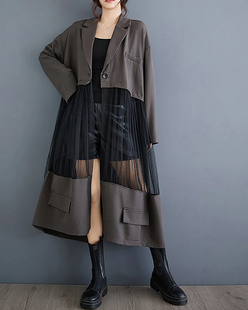 Women's Shirt Dress Long Sleeve Buttoned Tulle See Through Solid Patchwork Loose GZ304