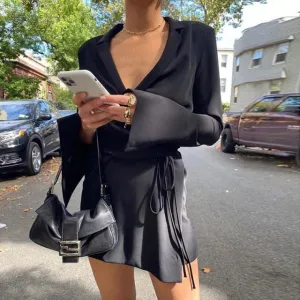 Women's V-Neck Shirt Flare Sleeve Lace Up Mini Dresses