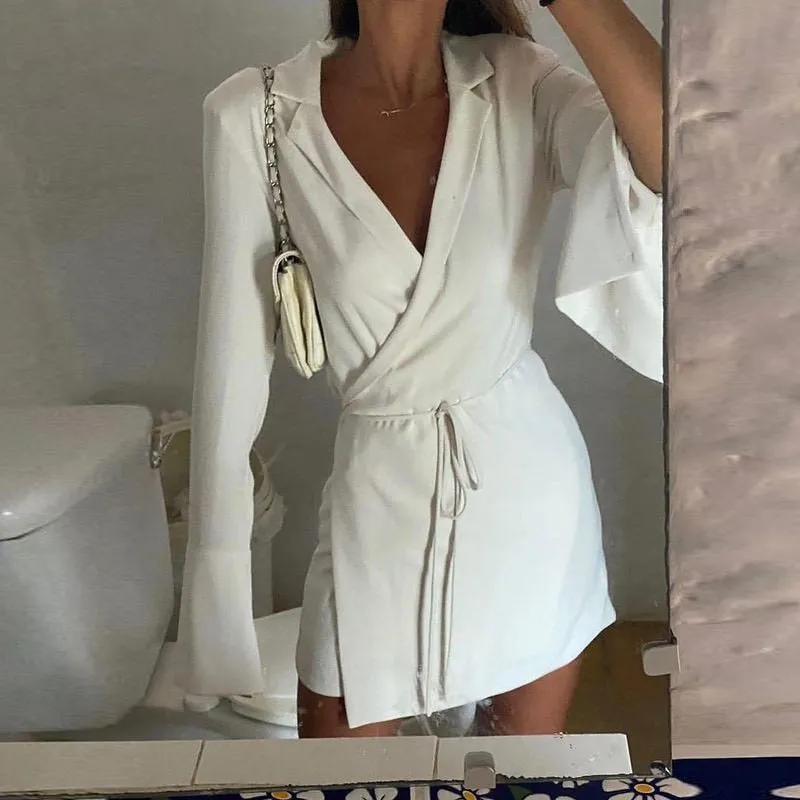 Women's V-Neck Shirt Flare Sleeve Lace Up Mini Dresses