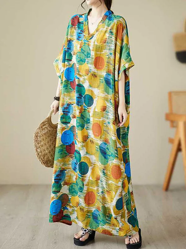 xakxx Batwing Sleeves Half Sleeves Contrast Color Polka-Dot V-Neck Maxi Dresses