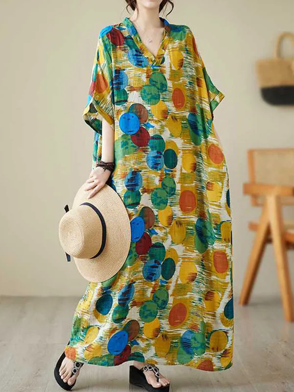 xakxx Batwing Sleeves Half Sleeves Contrast Color Polka-Dot V-Neck Maxi Dresses