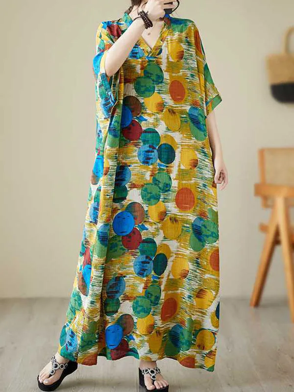 xakxx Batwing Sleeves Half Sleeves Contrast Color Polka-Dot V-Neck Maxi Dresses