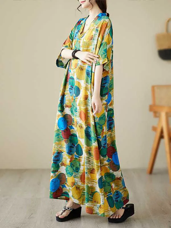 xakxx Batwing Sleeves Half Sleeves Contrast Color Polka-Dot V-Neck Maxi Dresses