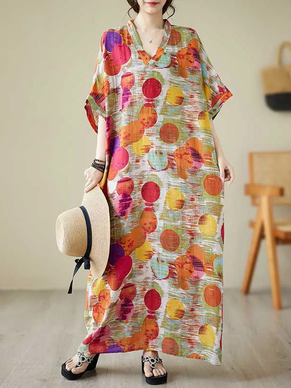 xakxx Batwing Sleeves Half Sleeves Contrast Color Polka-Dot V-Neck Maxi Dresses