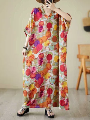 xakxx Batwing Sleeves Half Sleeves Contrast Color Polka-Dot V-Neck Maxi Dresses