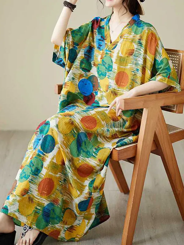 xakxx Batwing Sleeves Half Sleeves Contrast Color Polka-Dot V-Neck Maxi Dresses