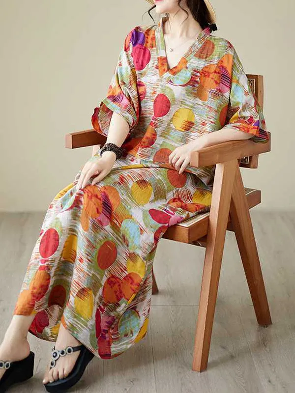 xakxx Batwing Sleeves Half Sleeves Contrast Color Polka-Dot V-Neck Maxi Dresses