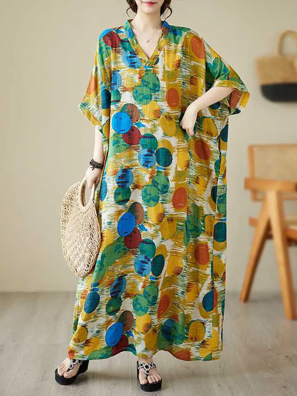 xakxx Batwing Sleeves Half Sleeves Contrast Color Polka-Dot V-Neck Maxi Dresses