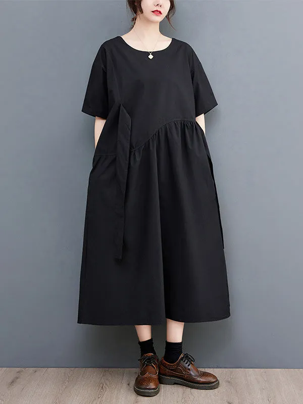 xakxx Casual Half Sleeves Loose Solid Color Round-Neck Midi Dresses