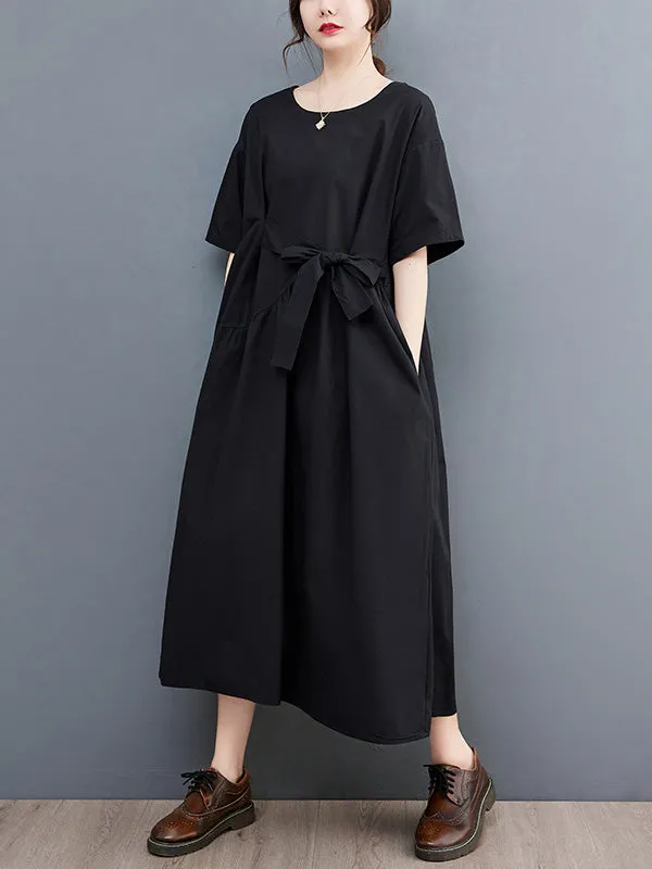 xakxx Casual Half Sleeves Loose Solid Color Round-Neck Midi Dresses