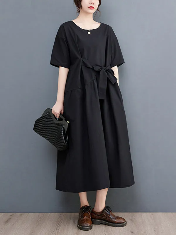 xakxx Casual Half Sleeves Loose Solid Color Round-Neck Midi Dresses