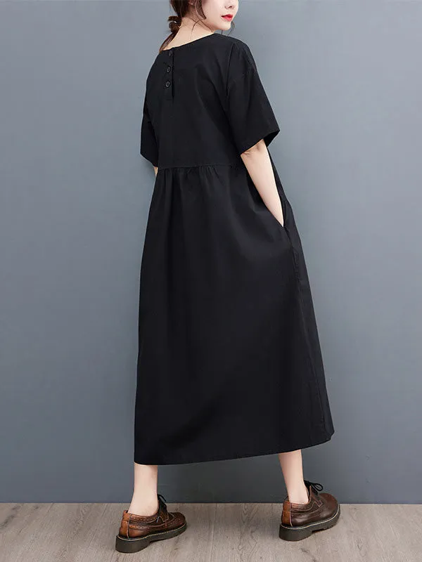 xakxx Casual Half Sleeves Loose Solid Color Round-Neck Midi Dresses