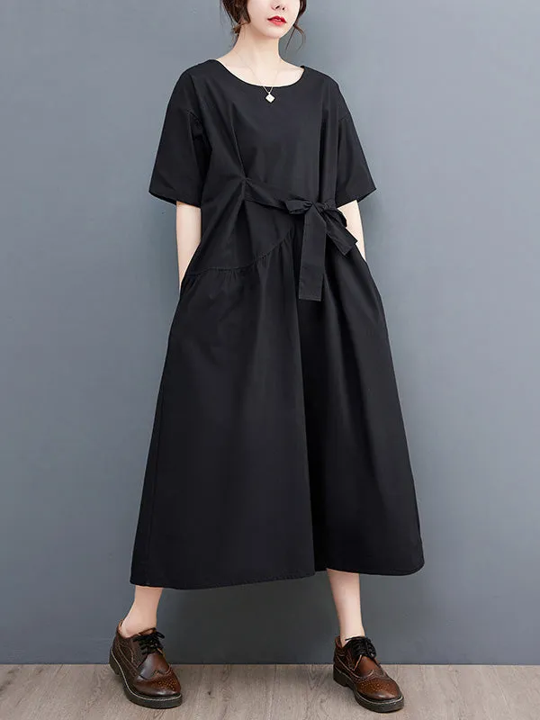 xakxx Casual Half Sleeves Loose Solid Color Round-Neck Midi Dresses