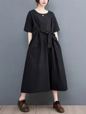 xakxx Casual Half Sleeves Loose Solid Color Round-Neck Midi Dresses