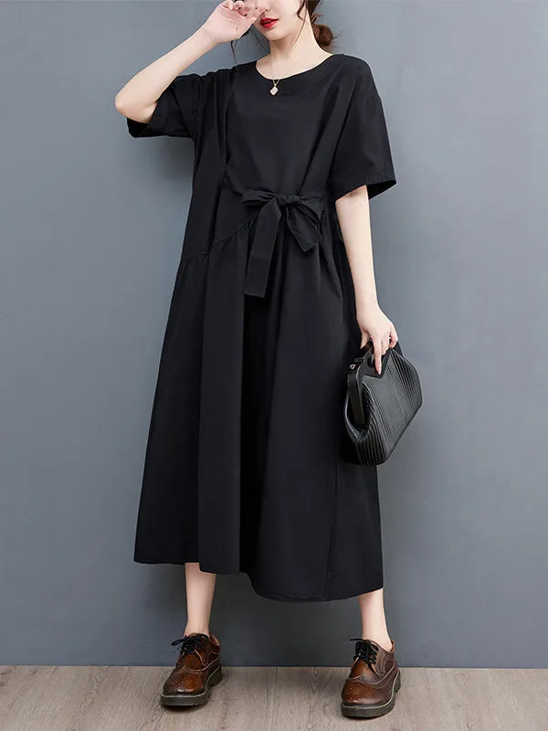 xakxx Casual Half Sleeves Loose Solid Color Round-Neck Midi Dresses