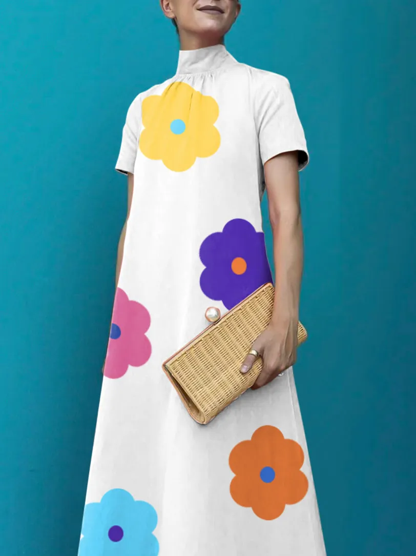 xakxx Loose Short Sleeves Floral Printed High-Neck Maxi Dresses