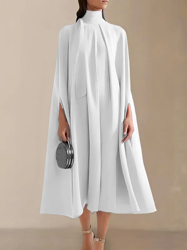 xakxx Simple Batwing Sleeves Lace-Up Solid Color High-Neck Midi Dresses