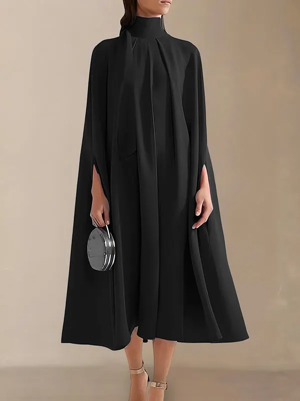 xakxx Simple Batwing Sleeves Lace-Up Solid Color High-Neck Midi Dresses