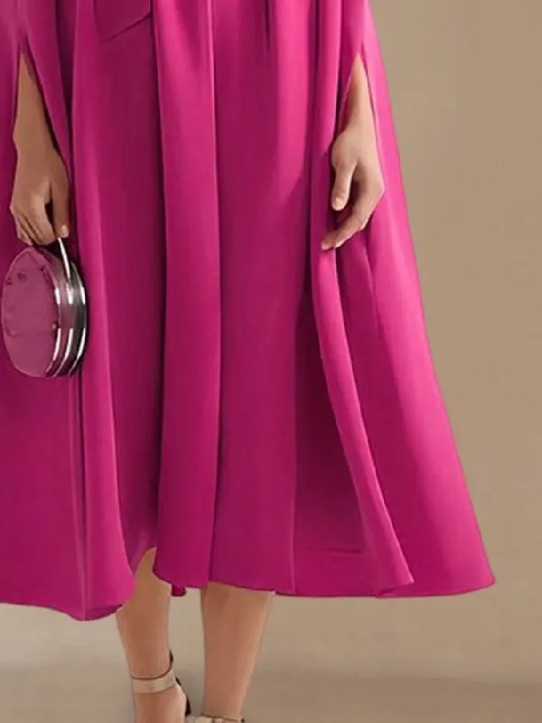 xakxx Simple Batwing Sleeves Lace-Up Solid Color High-Neck Midi Dresses
