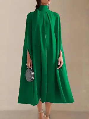 xakxx Simple Batwing Sleeves Lace-Up Solid Color High-Neck Midi Dresses