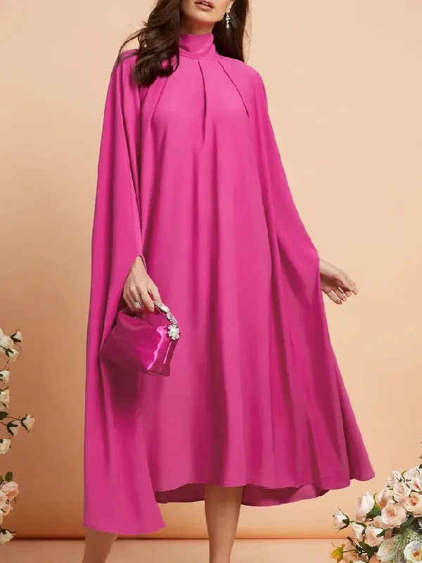 xakxx Simple Batwing Sleeves Lace-Up Solid Color High-Neck Midi Dresses