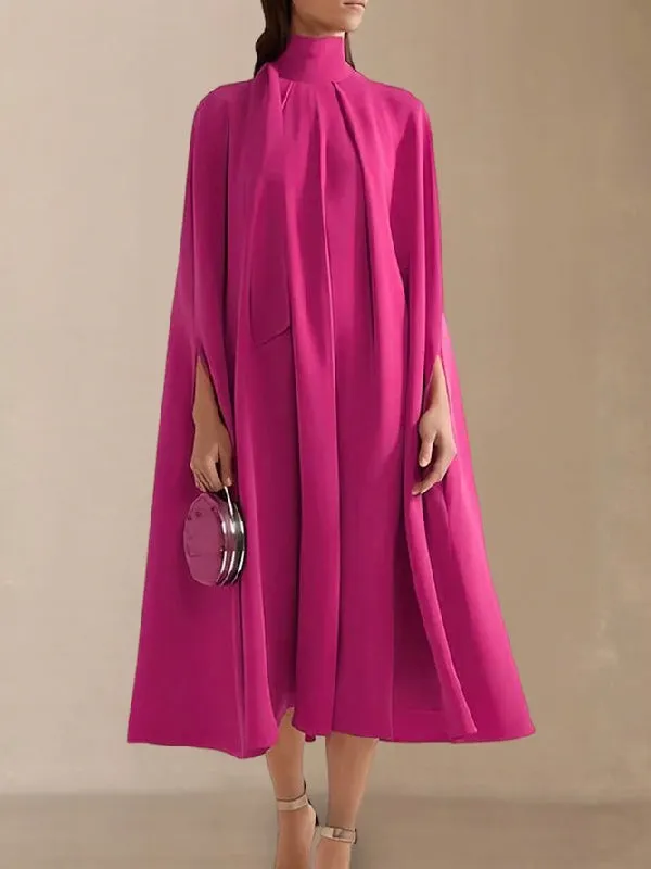 xakxx Simple Batwing Sleeves Lace-Up Solid Color High-Neck Midi Dresses