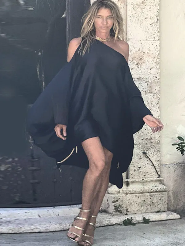 xakxx Stylish Loose High-Low Batwing Sleeves Black Midi Dress