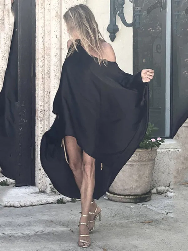 xakxx Stylish Loose High-Low Batwing Sleeves Black Midi Dress