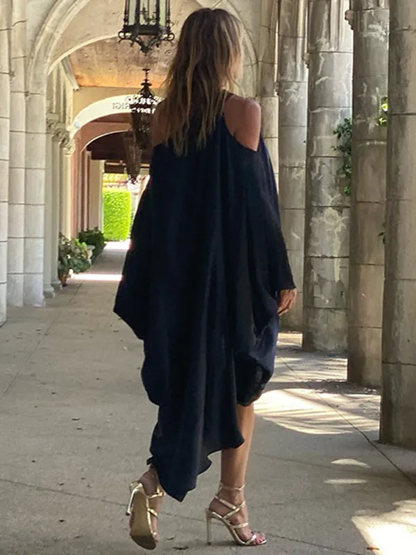 xakxx Stylish Loose High-Low Batwing Sleeves Black Midi Dress