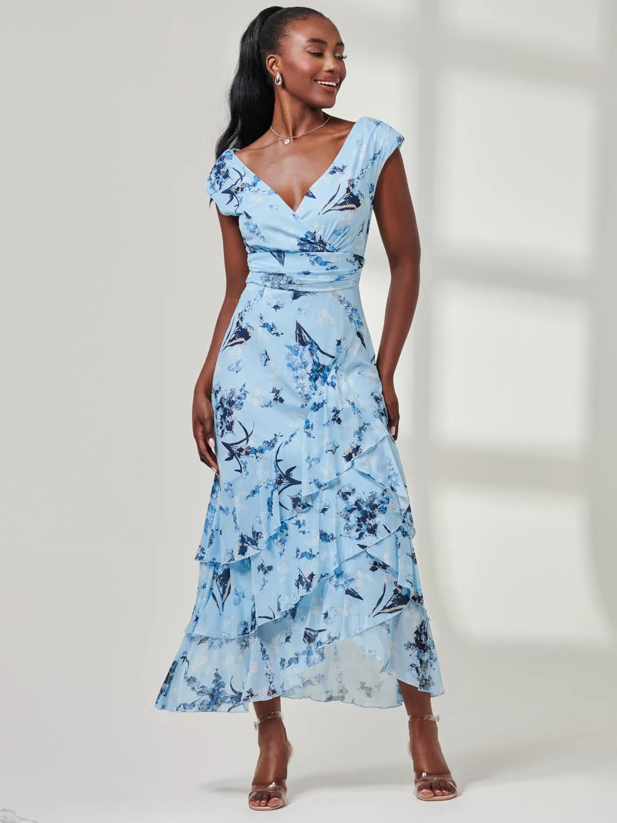 Yuri Mesh Frill Hem Maxi Dress, Blue Multi