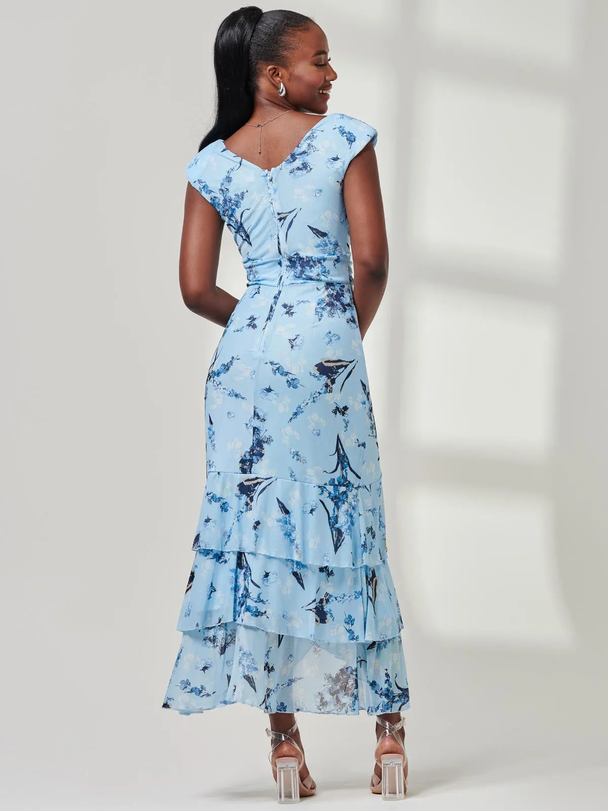 Yuri Mesh Frill Hem Maxi Dress, Blue Multi